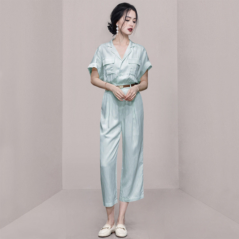 Summer women's new light blue tooling wind cotton and linen jumpsuit jumpsuit wide-leg pants nine-point pants