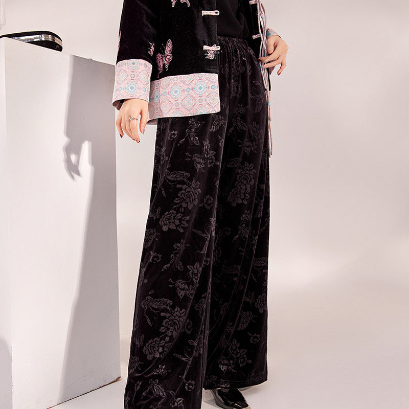 Guofeng new temperament loose wide-leg pants jacquard embroidery casual design straight-leg pants new Chinese trousers M9199