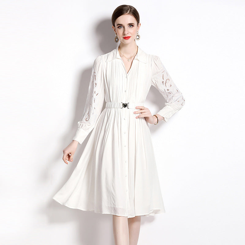 White shirt dress women's long-sleeved design sense niche hollow embroidery waist holiday style shirt skirt