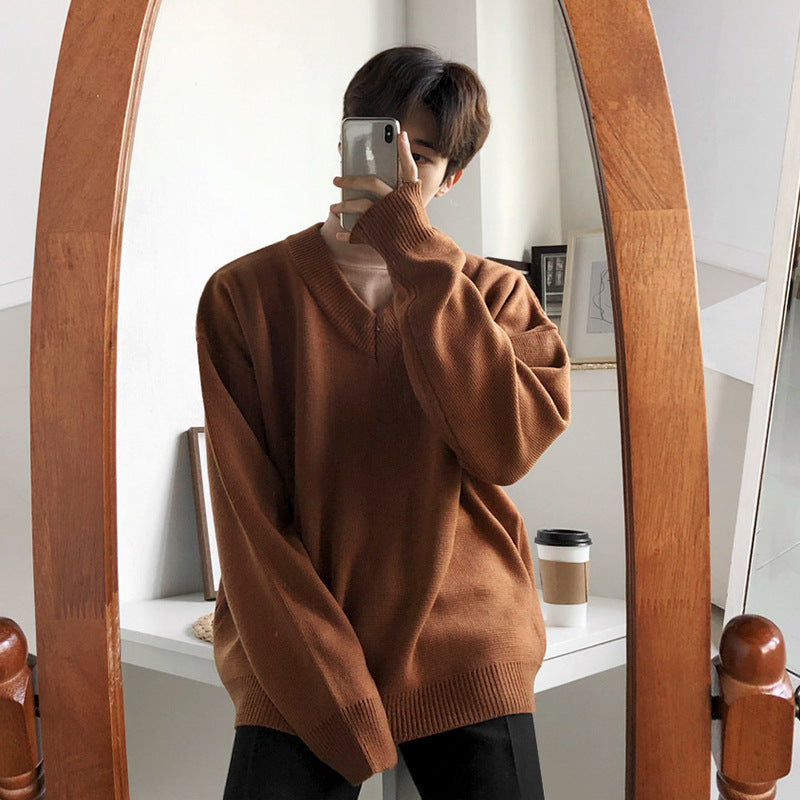 saferido fall outfit men Loose V-neck Sweater Men's Autumn and Winter Sweater Korean Style Thickened Lazy Style Bottoming Shirt Sweater Sweater with Chicken Collar