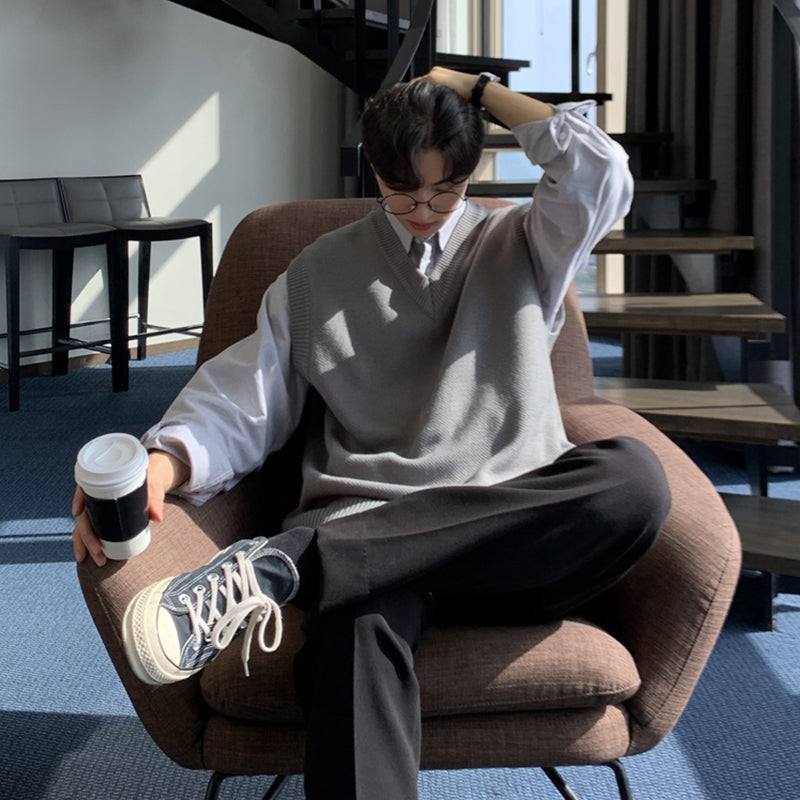saferido -shop mens fall fashion Spring Wool Vest Korean Style Handsome Solid Color V-neck Sleeveless Knitted Vest New All-Match Sweater Waistcoat
