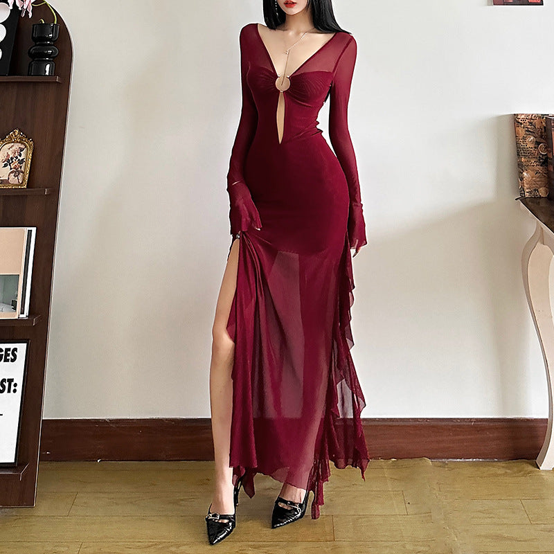 2025 style popular autumn new women's clothing red sexy deep V waist high split long-sleeved dress