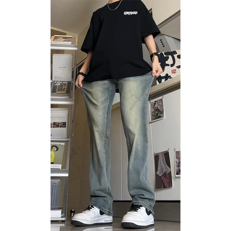 saferido -shop masc outfits Retro Blue Narrow Slim Jeans Men's Summer Vintage Washed American Pants High Waist Slimming Flared Pants