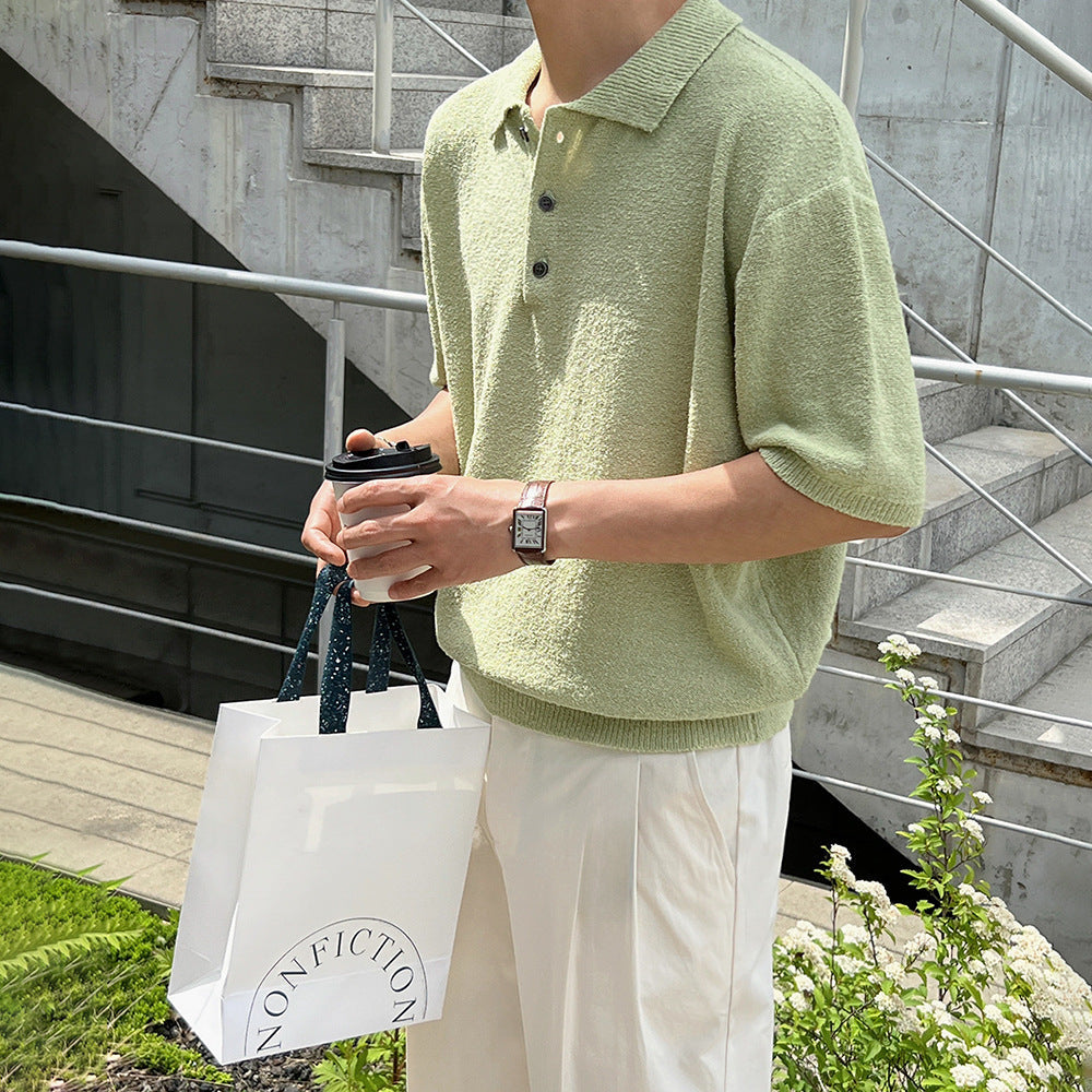 simple retro knitted Polo shirt short sleeve men's summer loose casual half sleeve Korean style trend lapel T-shirt