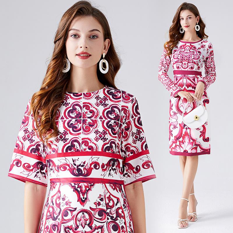 Summer 2025 retro court style temperament short-sleeved round neck waist thin medium and long celadon printed hip-wrapped dress
