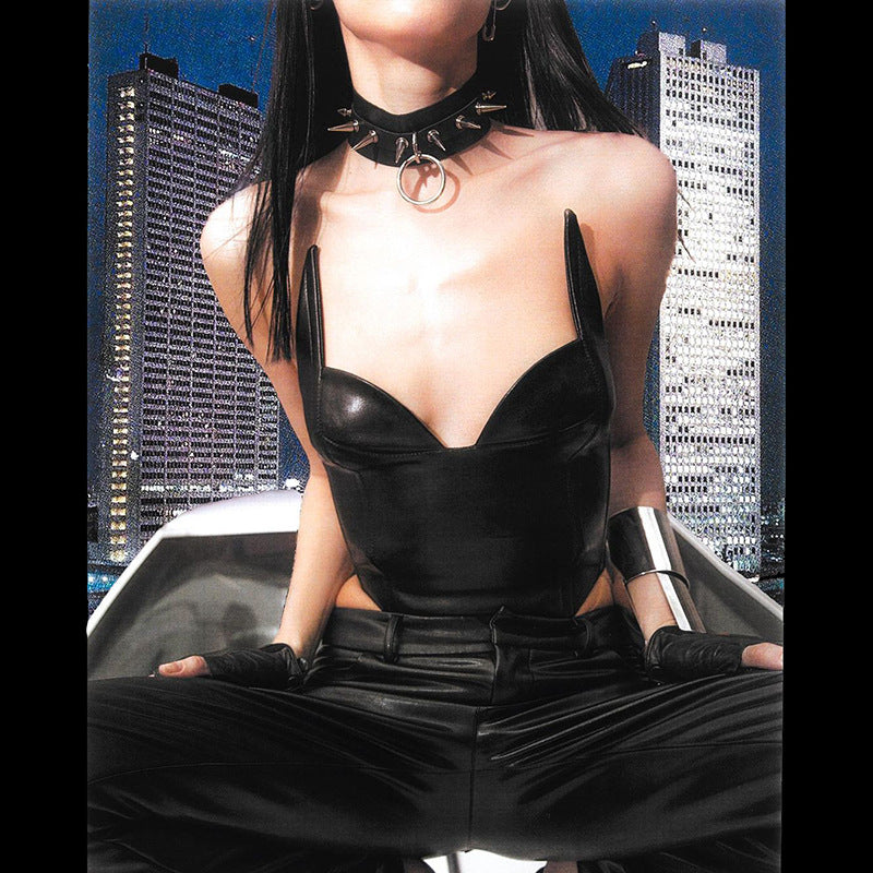 2025 style popular summer new women's clothing fashionable and sexy V-neck slim-fit backless PU leather versatile small vest