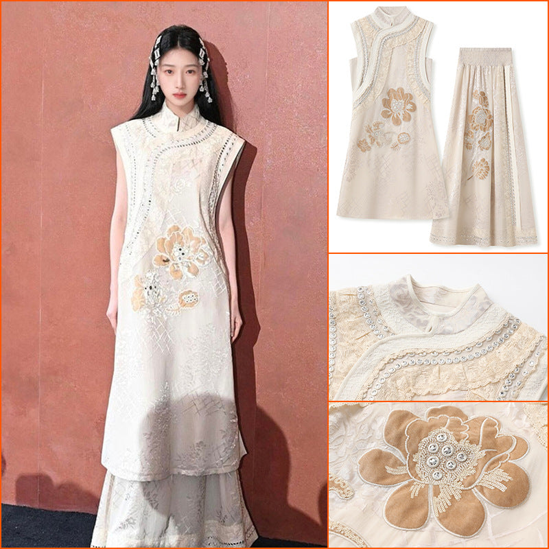 New Chinese style light luxury stand-up collar bead embroidery sleeveless sequins loose silk vest dress set MY012