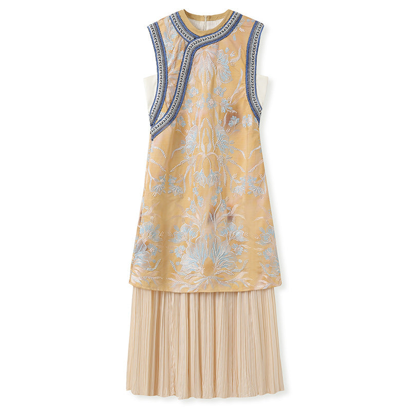 New Chinese high-end heavy industry embroidery improved cheongsam dress summer new national style splicing dress women N4073