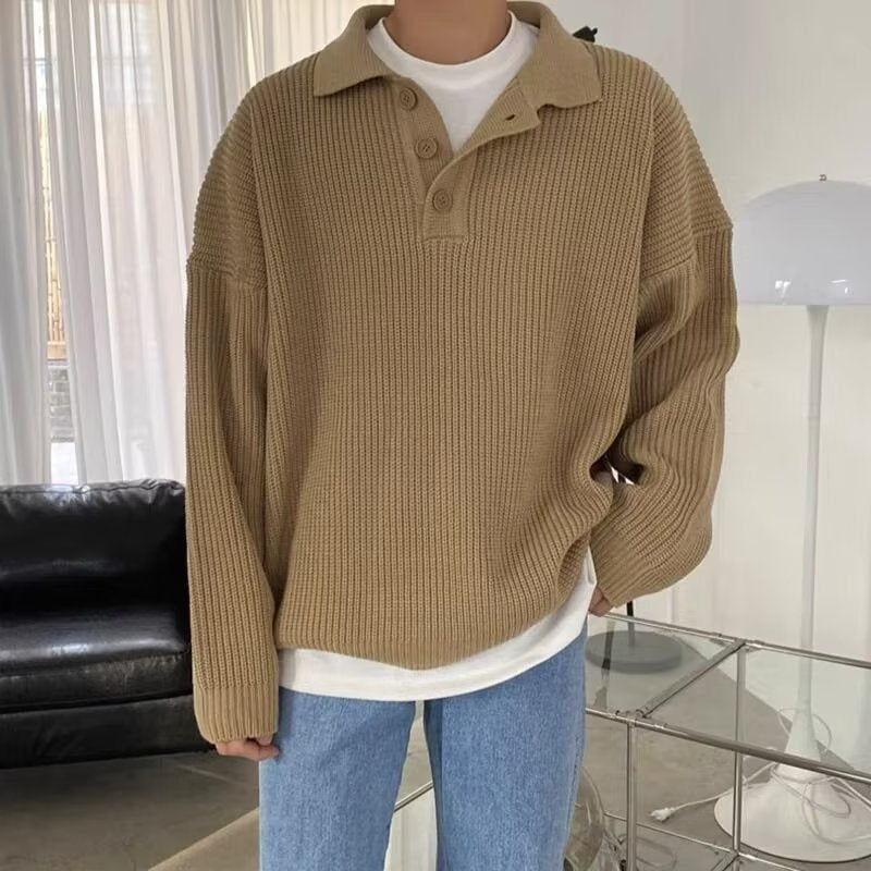 saferido -shop fall mens outfits Autumn and Winter New Pure Color Simple Style Sweater Loose Casual Button Lapel Sweater Control Year Trendy Men Autumn and Winter