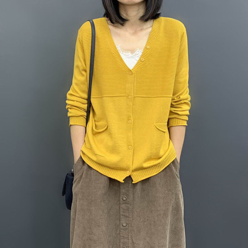spring and autumn new Korean version of women's clothing loose and thin literary solid color long-sleeved knitted cardigan thin sweater jacket