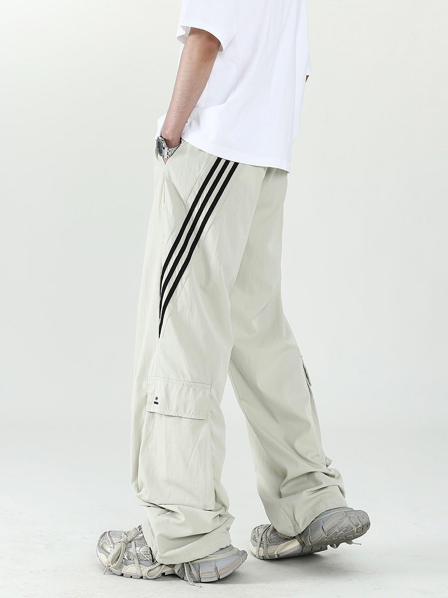 American striped quick-drying assault pants men's summer trendy brand stitching large pocket overalls high street straight quick-drying trousers