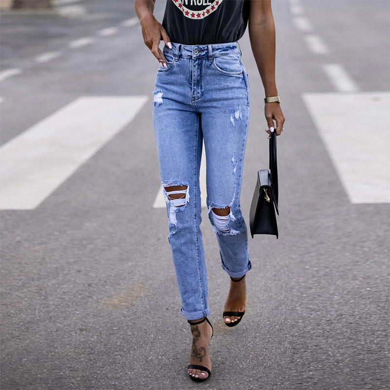 2025 spring factory spot elastic ripped women's clothing straight tight hip lift fashion jeans