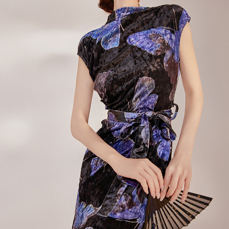 summer national style temperament elegant temperament thin retro slim print butterfly cheongsam dress LZ585