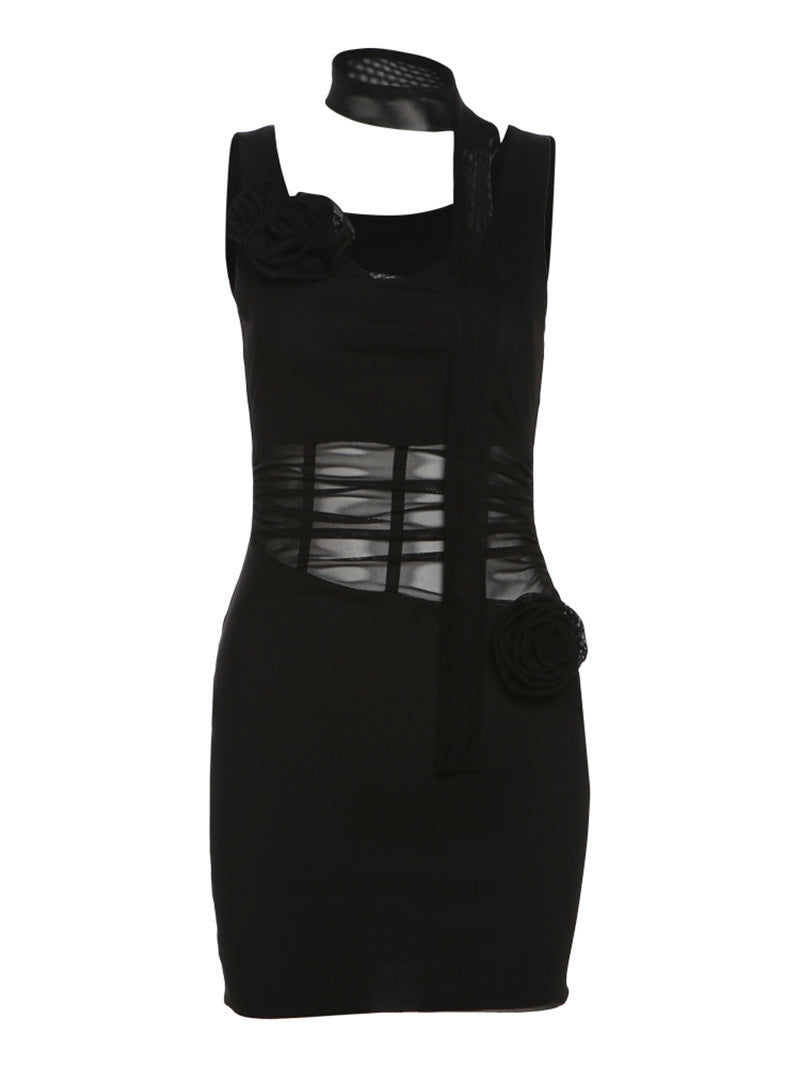 2025 style popular summer new women's clothing solid color slim-fitting high-waisted fashion V-neck suspender gauze dress