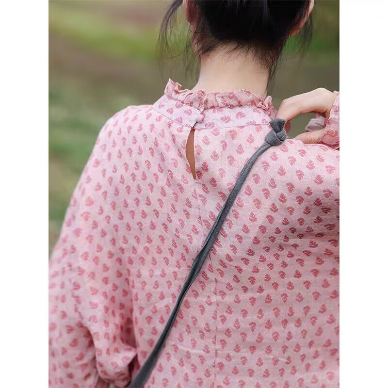 Floral literary and artistic style printed shirt summer new pastoral small clear temperament retro shirt top women