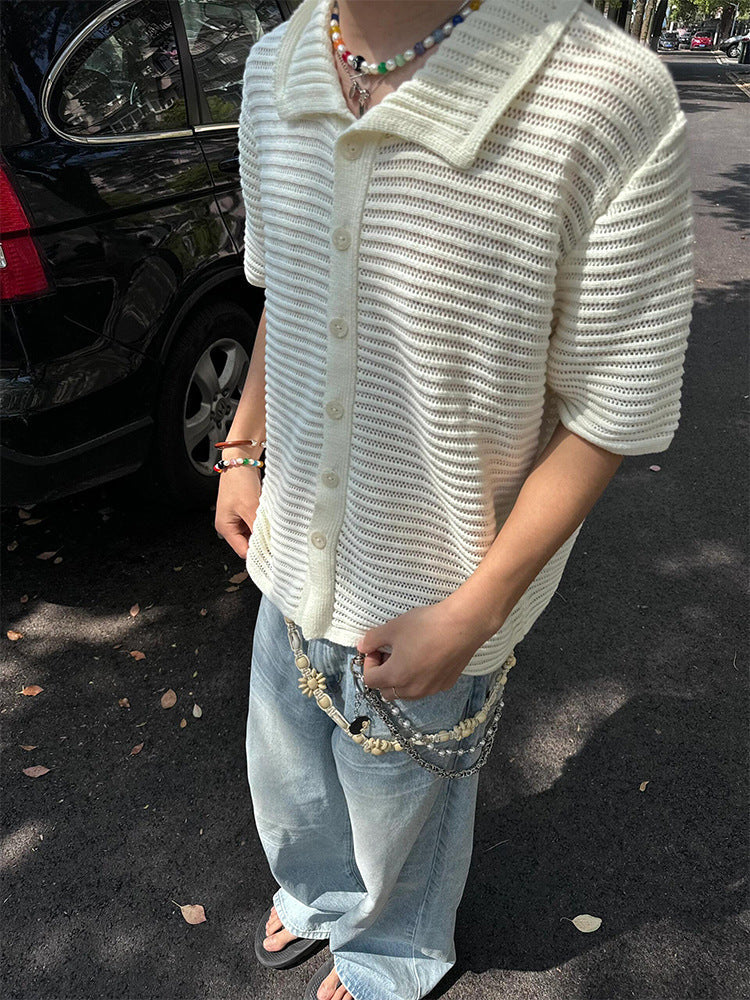 Niche retro hollow shirt boys new summer knitted sweater short sleeve old money style wear lapel half sleeve top