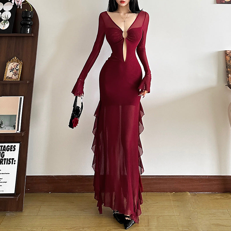 2025 style popular autumn new women's clothing red sexy deep V waist high split long-sleeved dress