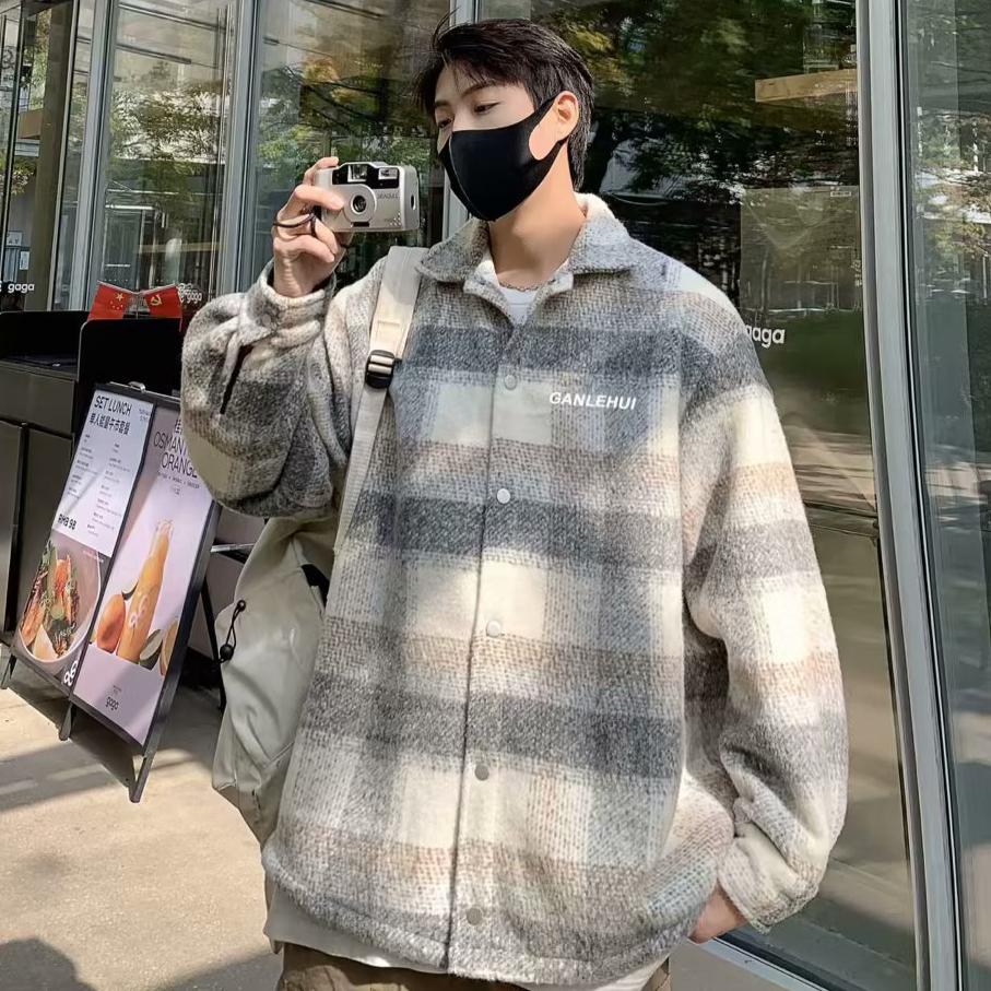 saferido mens outfits 2024 Autumn and Winter New American Retro Contrast Color Plaid Cardigan Coat Men's Lazy Casual Loose Woolen Top