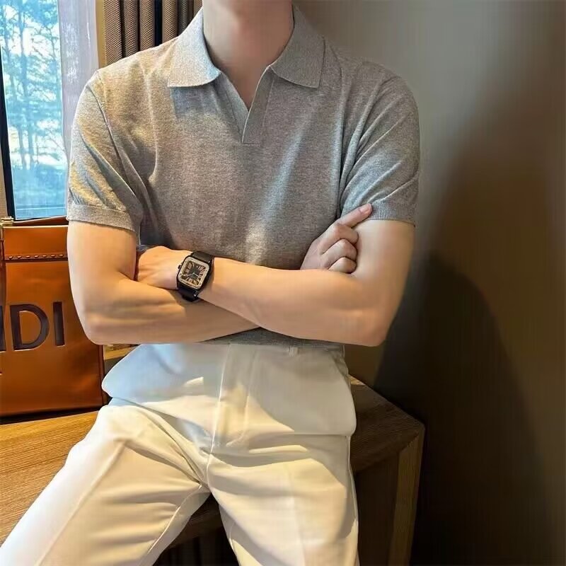saferido      -shop classy outfits men Lapel Business Polo Men's Sweater Seagull Collar T-shirt Men's Casual Solid Color Slim Fit American Men's Summer Short Sleeve