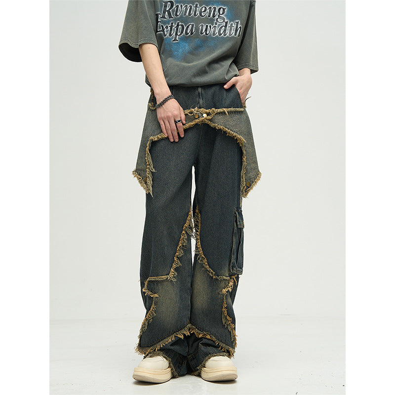 saferido skater boy outfits American-Style Retro Multi-Pocket Star Frayed Jeans Men's and Women's Loose Washed Distressed Wide-Leg Pants Summer