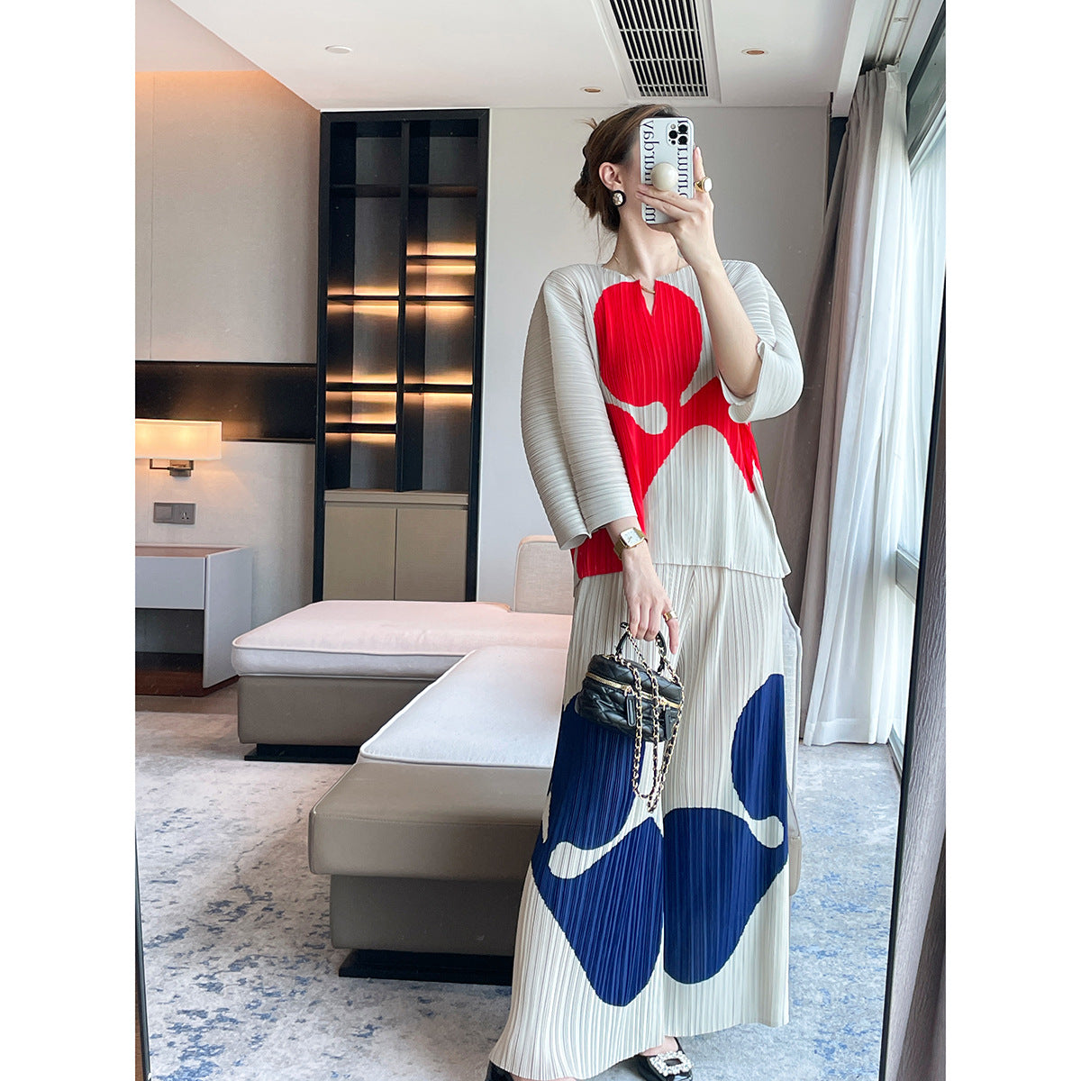 autumn new high-end printed fashion T-shirt pleated top women's loose casual pants two-piece set