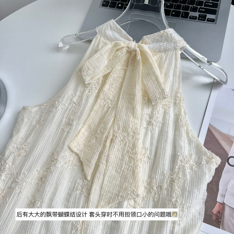 2025 Design sense niche retro texture sense flower embroidery sleeveless neck temperament long dress super fairy vacation style dress