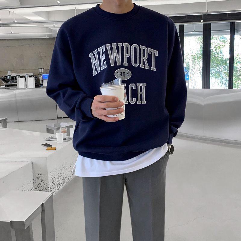 saferido -shop 90s fashion men Myq Letter Embroidered Sweater Men's Spring Korean Style Loose Trendy All-Match Cotton Pullover round Neck Long Sleeve Top