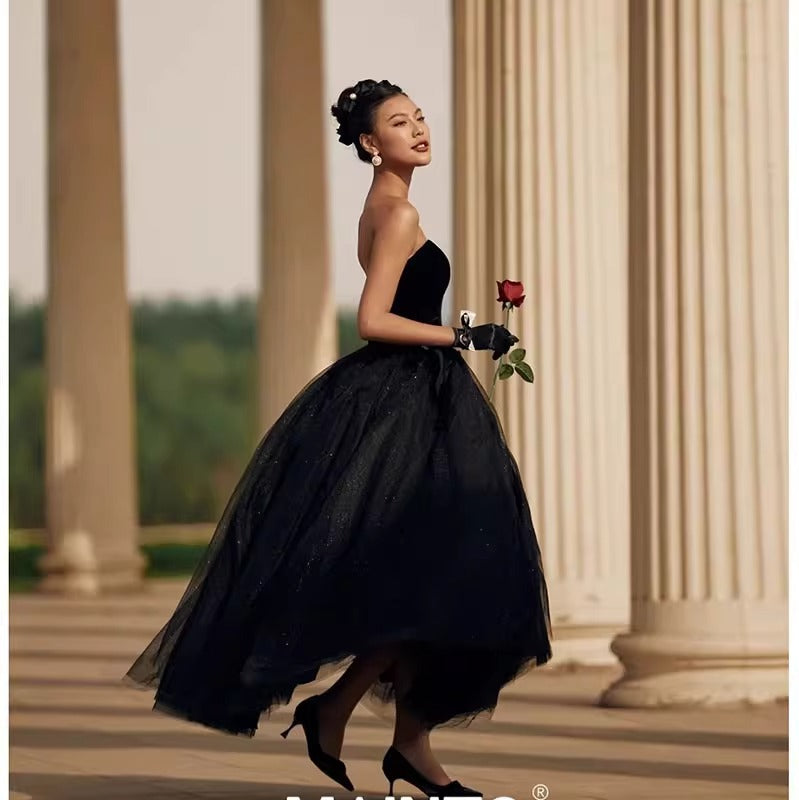 Studio photo wedding dress retro Hepburn style tube top black dress couple location forest department photo travel photo