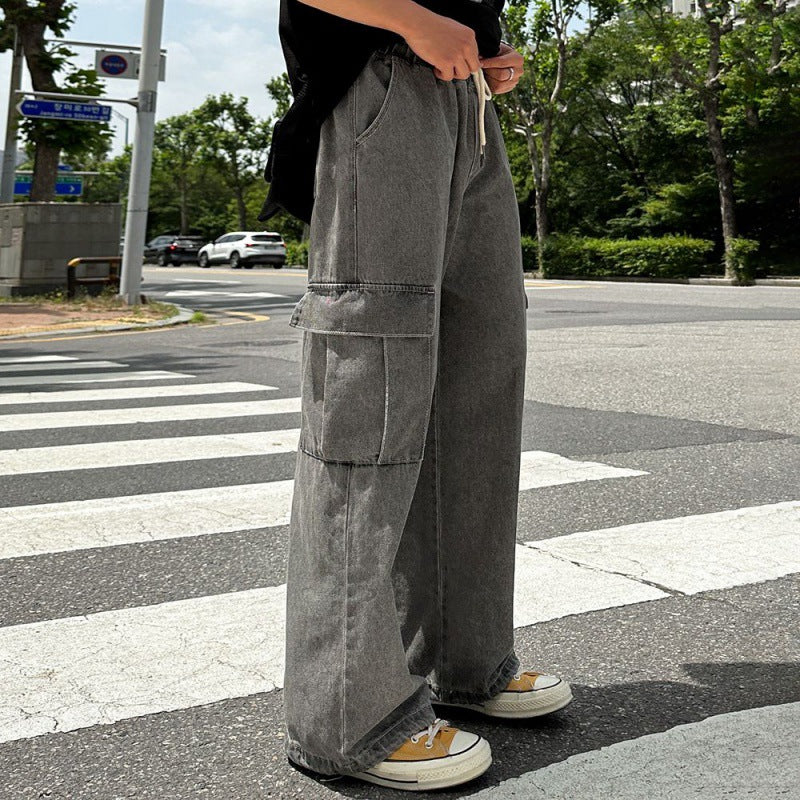 saferido -shop guys clothing styles Myq Vintage Washed Distressed Jeans Men's Summer Loose Overalls Korean Style Trendy Wide Leg Straight Pants
