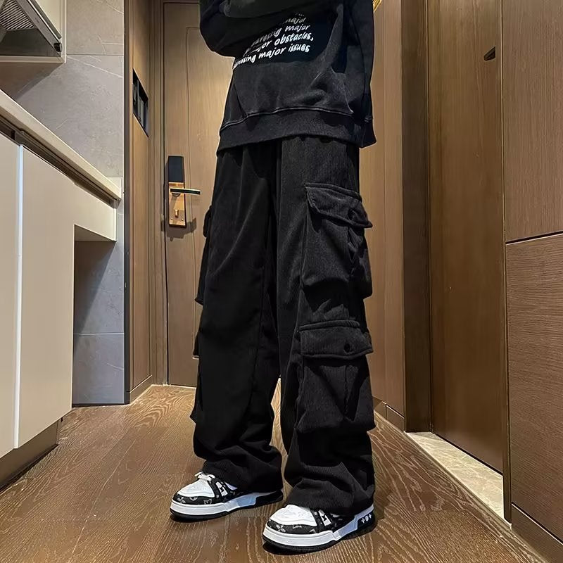 saferido      -shop grunge outfits Corduroy Multi-Pocket Overalls Men's Spring and Autumn American Straight Pants Men's Loose Casual Wide-Leg Pants