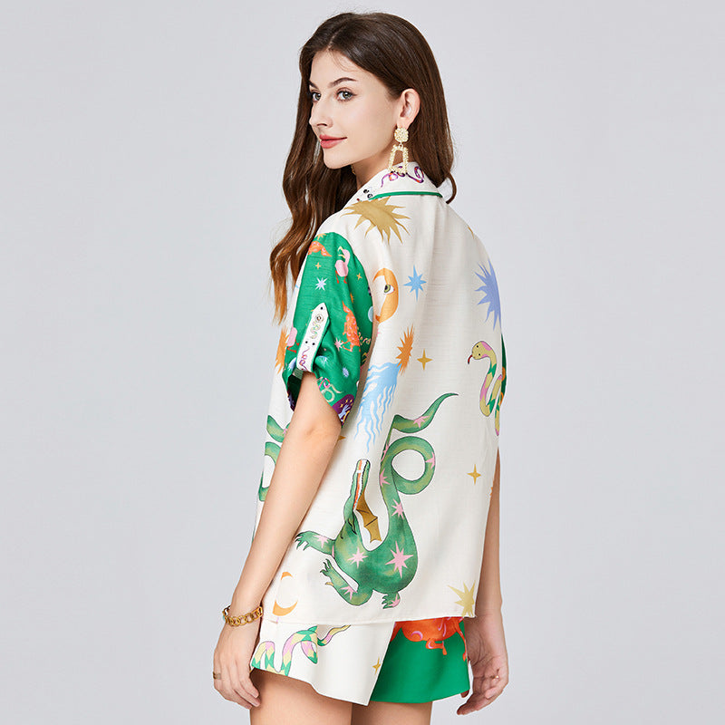 Popularan station set women's summer printed heavy industry beaded shirt + rubber band waist shorts two-piece set, with lining