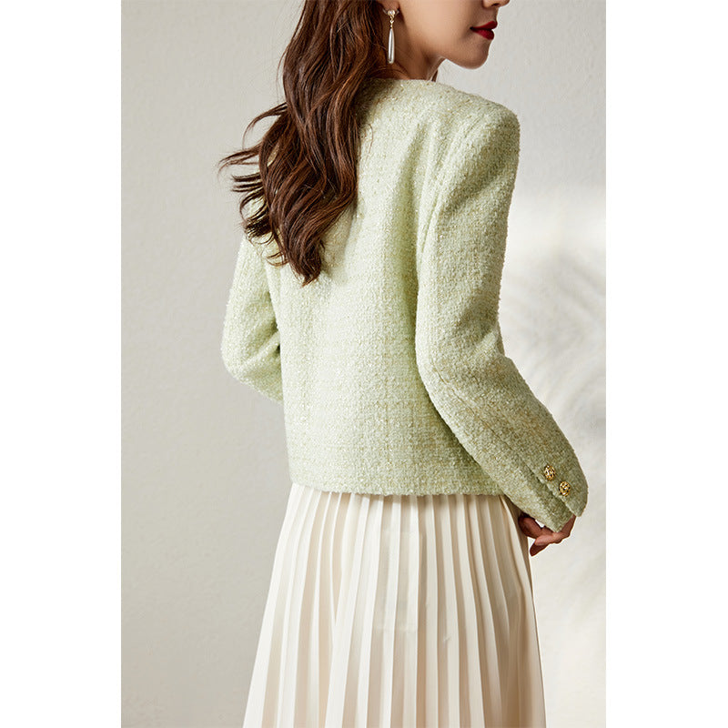 2025 Wool tweed spring and autumn small fragrant jacket new autumn clothing short candy green top women's spring clothing