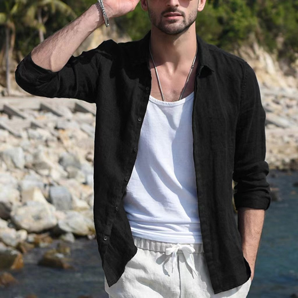 saferido -shop men’s fashion Pure Cotton Solid Color Long-Sleeved Shirt Men's Youth Casual Cardigan Shirt Men's Coat Promotion