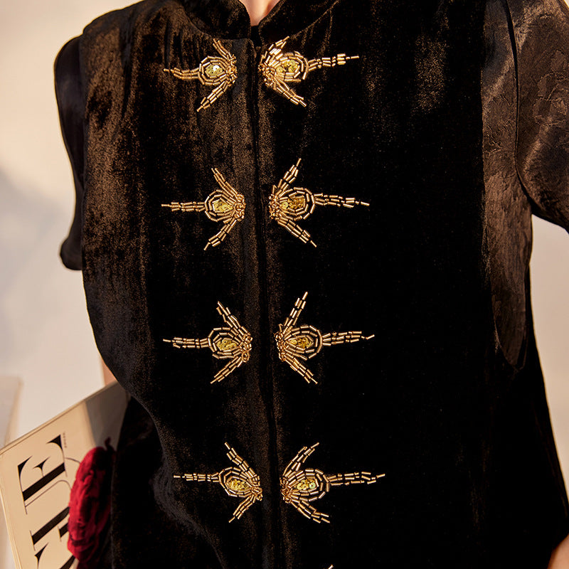 new national style sequins simple vest new Chinese temperament design sense light luxury solid color top women M6043