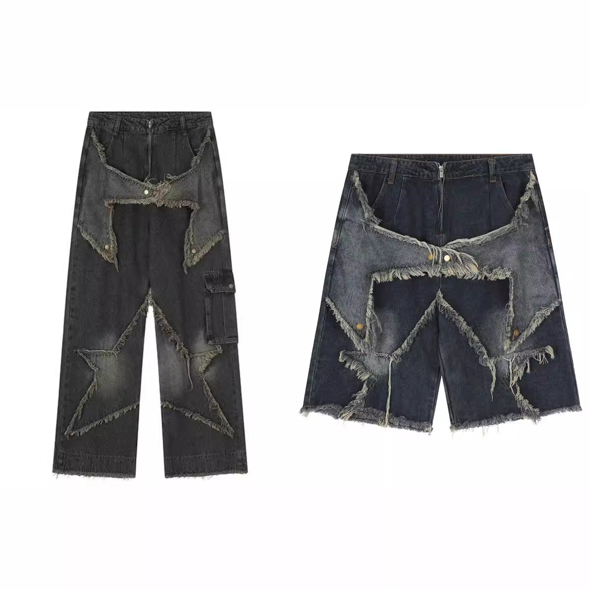 saferido skater boy outfits American-Style Retro Multi-Pocket Star Frayed Jeans Men's and Women's Loose Washed Distressed Wide-Leg Pants Summer