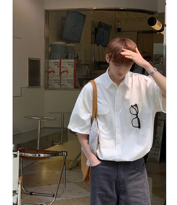 Pure white shirt short sleeves boyish feeling men's summer Korean version casual versatile Japanese style Hong Kong style high quality new trend