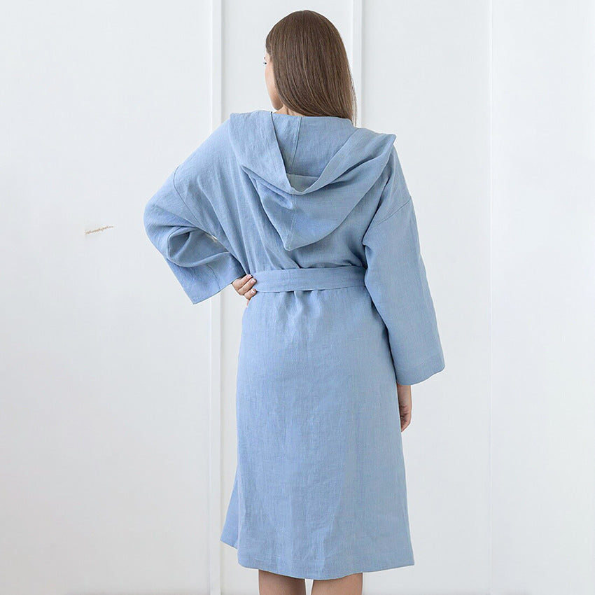 SAFERIDO 2025 Hot trade spring new style pure cotton blue hooded lace-up pocket nightgown women's loungewear loose and casual