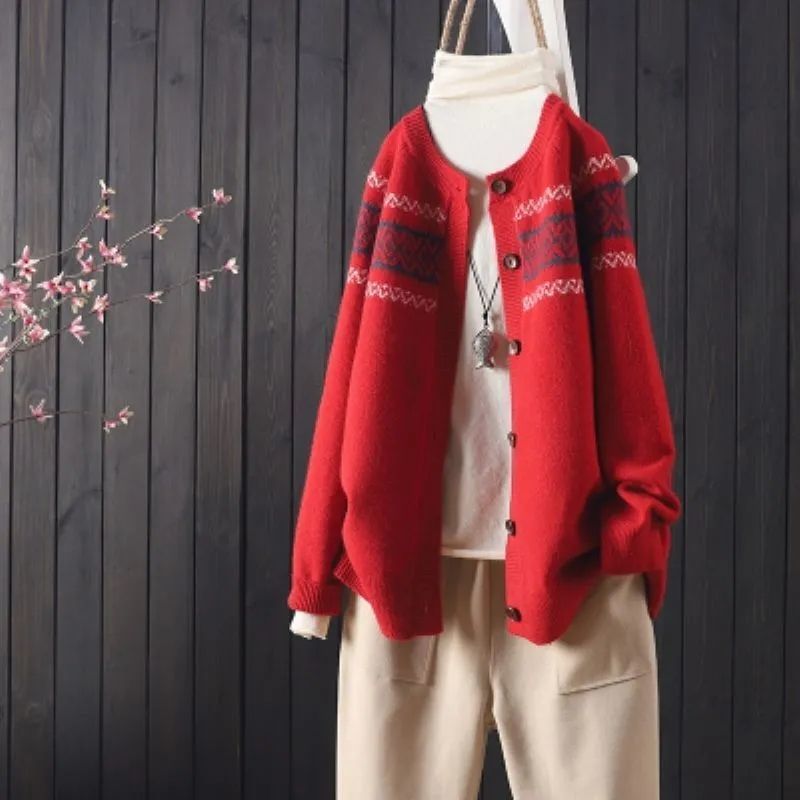 Ethnic style round neck knitted cardigan jacquard knitted sweater autumn and winter new top retro loose lazy coat