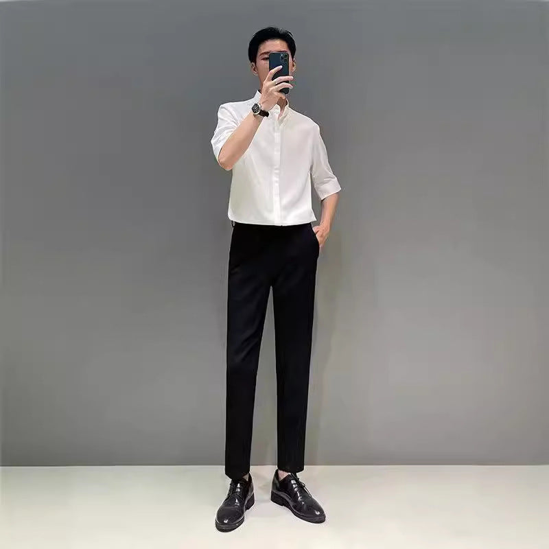 saferido -shop classy outfits men New Chinese Style Stand Collar Short-Sleeved Shirt Men's Summer New Niche Shirt Trendy Ice Silk Drape All-Match Top