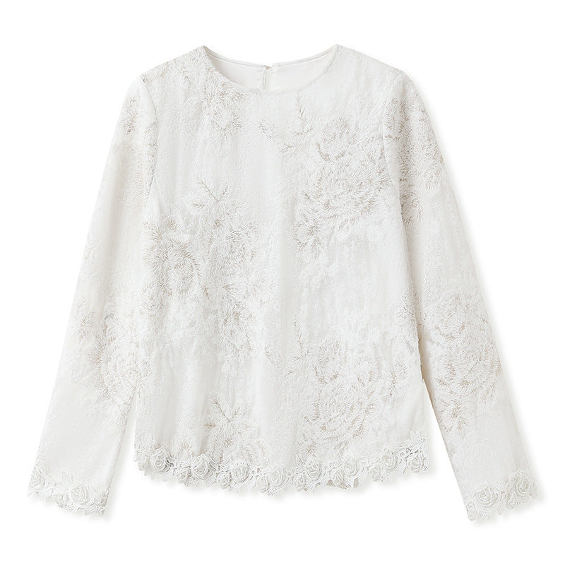 Spring New Versatile New Chinese Lace Top Crew Neck Flower Embroidery Design National Style Shirt MZ056