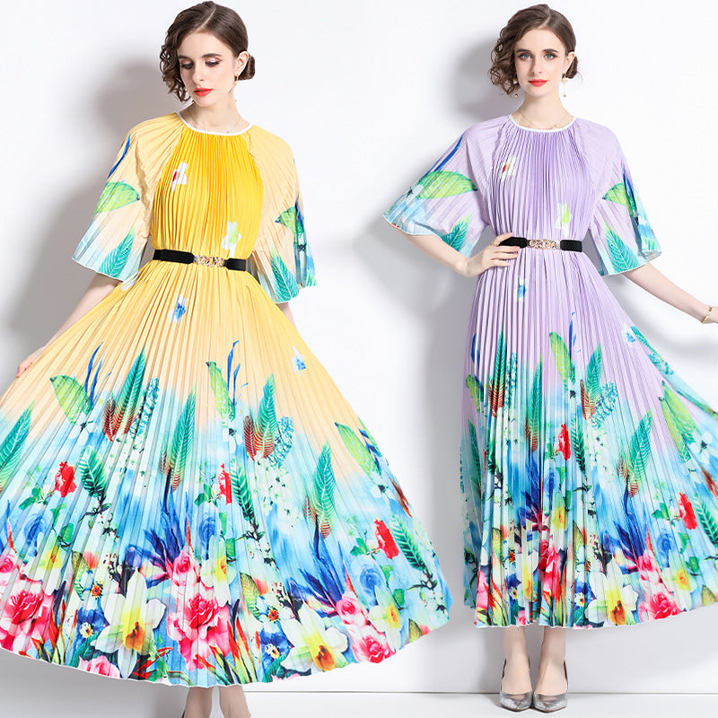 popular new literary and artistic style niche high-end positioning printing Miyake middle-sleeved crew neck dress