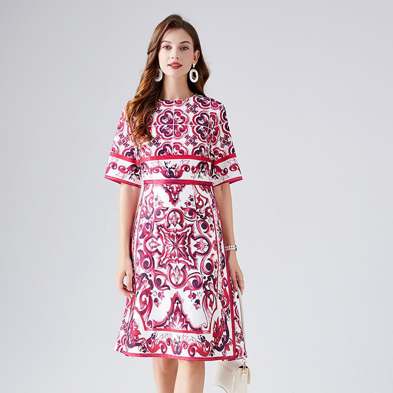 Summer 2025 retro court style temperament short-sleeved round neck waist thin medium and long celadon printed hip-wrapped dress