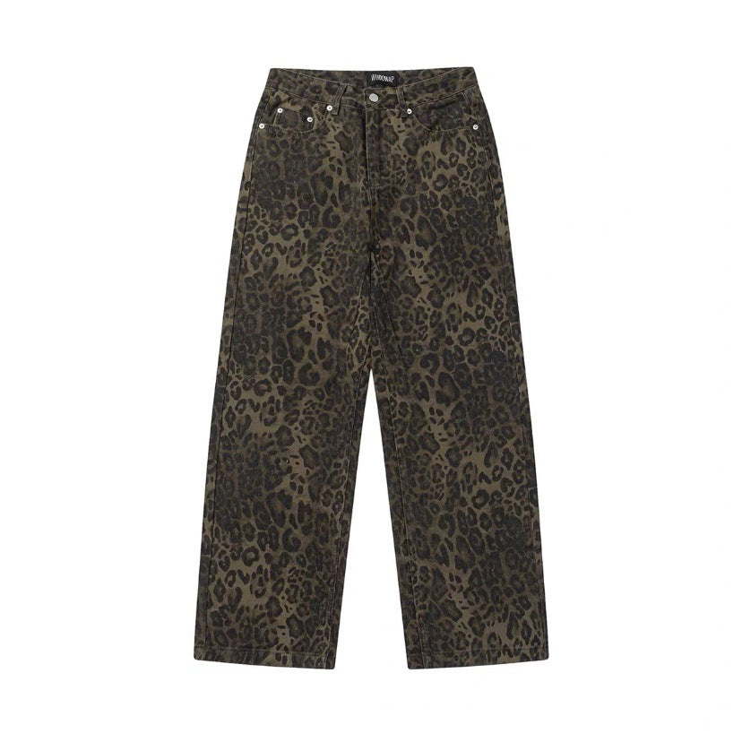autumn and winter new American retro design niche workwear leopard print loose casual versatile pants men INS