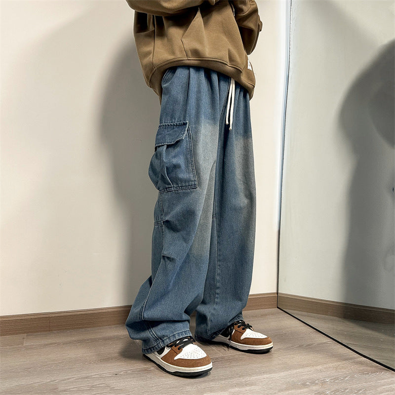 saferido -shop guys fits Intfeday Japanese Harajuku Style Vintage Distressed Jeans Men's Loose Straight Overalls