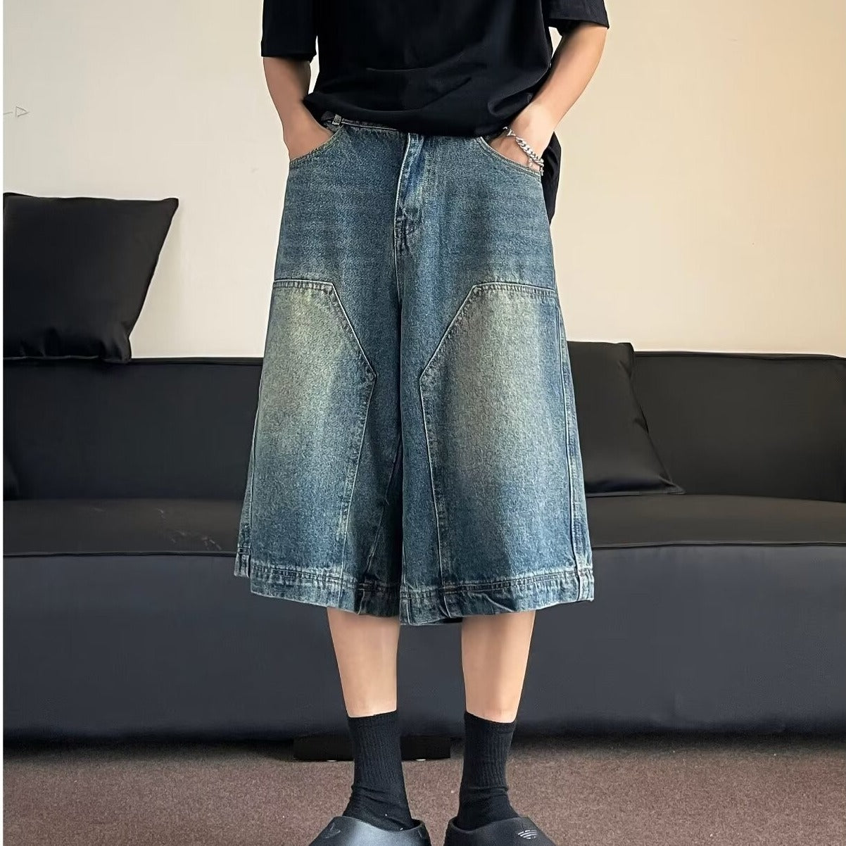 saferido 90s streetwear American-Style Retro Washed High Street Stitching Denim Shorts Men's and Women's Summer Wide-Leg Distressed Casual All-Match Cropped Pants