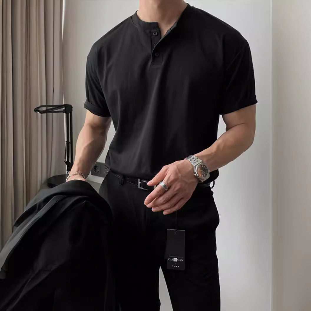 American retro heavyweight short-sleeved T-shirt men's polo shirt mature and stable tight cuffs fitness sports tough Henry shirt