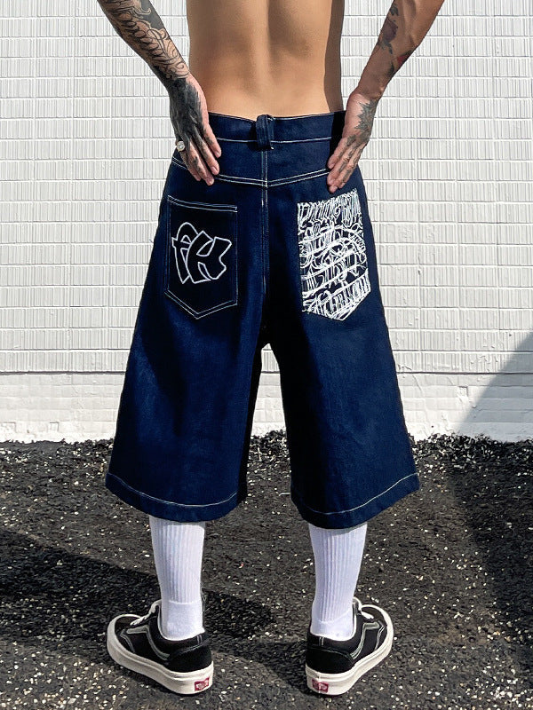 American West Coast denim shorts men's summer new trendy brand loose washed cut five-point casual pants