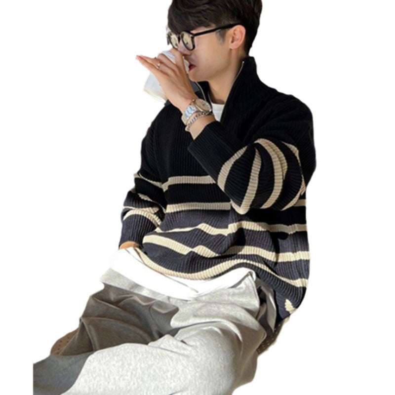 saferido -shop mens fall fashion Japanese Style Thick Striped Sweater Men's Autumn and Winter New Korean Style Trendy Loose Pullover Wool Sweater Top