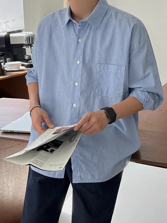 saferido      -shop 90s fashion men Korean Style Casual Shirt Light Mature Loose Blue Loose Long Sleeve Shirt Thin Striped Spring and Autumn New Men's Korean Style