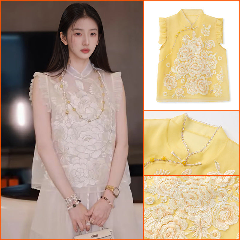 New Chinese mulberry silk sleeveless lace vest summer new national style stand-up collar buckle vest N4012